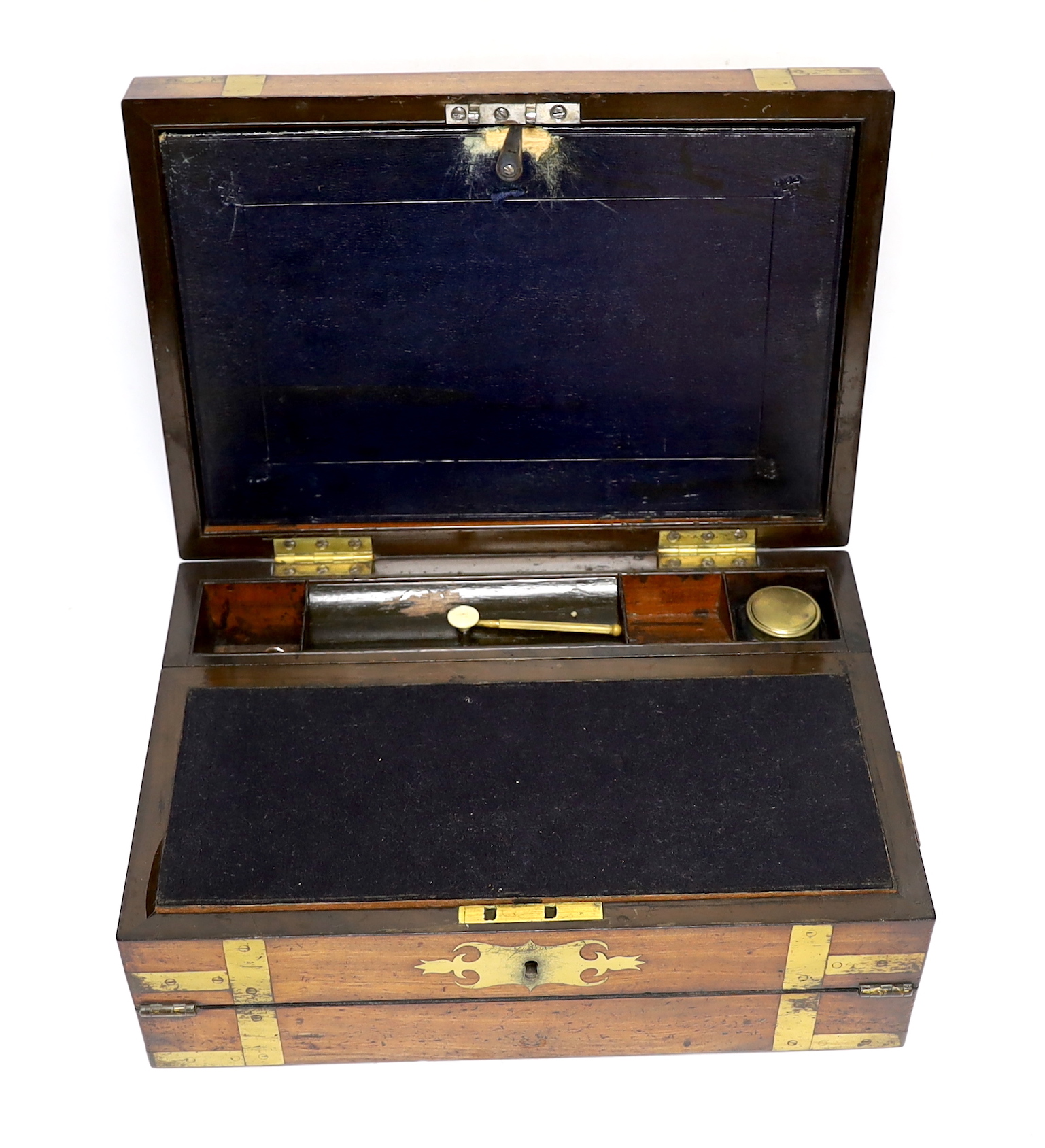A 19th century brass bound mahogany writing slope, 35cm wide x 13.5cm high x 25cm deep